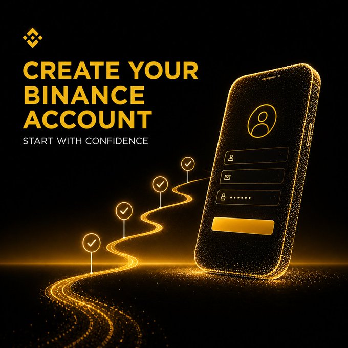 Binance promotional graphic reading 'Create Your Binance Account — Start with Confidence,' featuring a glowing phone illustration with a winding path of checkmarks.