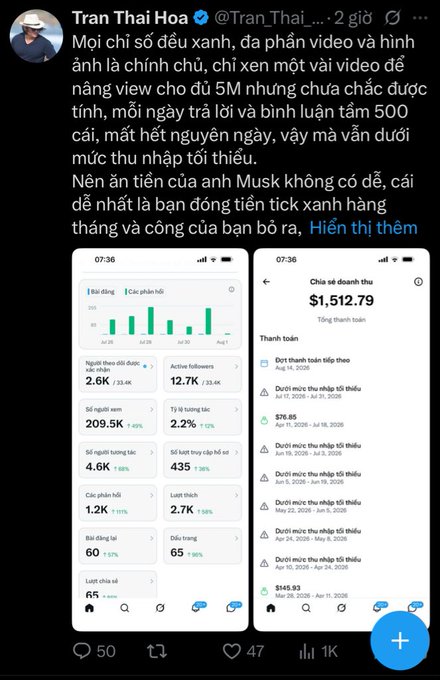 A Twitter post by Tran Thai Hoa (@TranThai___) from 2 days ago discussing content creation and Elon Musk, with screenshots of creator account statistics showing $1,512.79 revenue.
