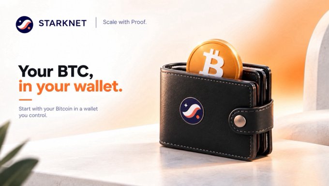 A Starknet advertisement with the tagline 'Scale with Proof' promoting 'Your BTC, in your wallet' with the subtext 'Start with your Bitcoin in a wallet you control,' showing a Bitcoin coin inside a black leather wallet.