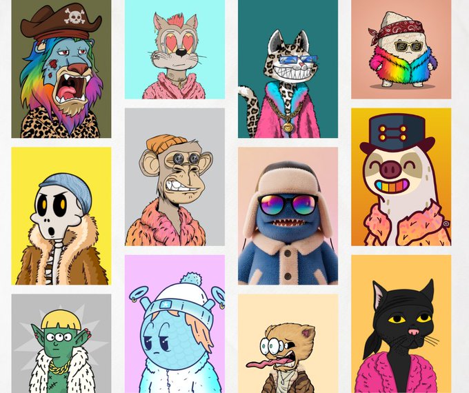 The image is a 4x3 grid collage showcasing twelve cartoon-style NFT character portraits, each wearing a distinctive fur coat or pimp-style outfit, representing the "Pimp/Fur Coat" trait mentioned in the post. The collection features various characters from projects like Lazy Lions, Bored Ape Yacht Club, and Degen Toonz, including a rainbow-maned lion in a leopard coat, a leopard-print ape in a pink fur coat, and a green goblin-like creature, all highlighting the prized fur coat aesthetic the collector has curated.