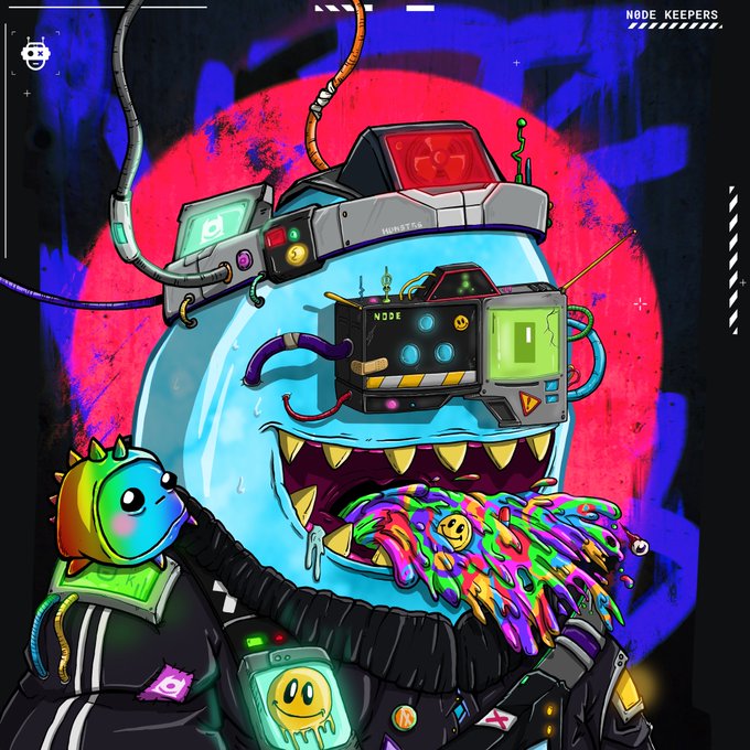 The image features a colorful illustration from the "Node Keepers" collection, depicting a quirky blue monster creature wearing a high-tech helmet and gear with "NODE" on its chest, drooling vibrant multicolored puke while holding a small slime-like creature with green horns. The accompanying post references "MONSTR #1989" upgraded in the "TraitLab," swapping out a SweetTooth trait for the "CrazyEmbryoClub Puke" trait, which corresponds directly to the vomit-like colorful goo dripping from the monster's mouth in the artwork.