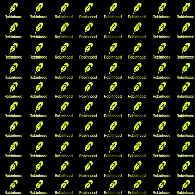 The image displays a repeating grid of the Robinhood logo and "Robinhood" text in yellow on a black background, visually exaggerating the "every #Robinhood coin I see" phrase from the post as the user seeks ticker recommendations to buy.
