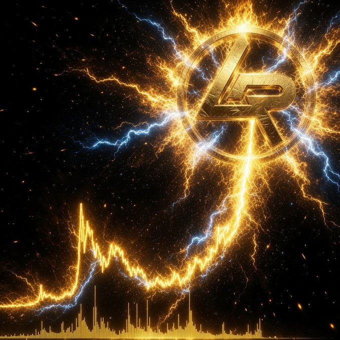 A stylized, glowing golden logo resembling a 'P' and 'R' intertwined, radiating lightning bolts and light effects against a dark background, with a stock market-style line graph at the bottom.
