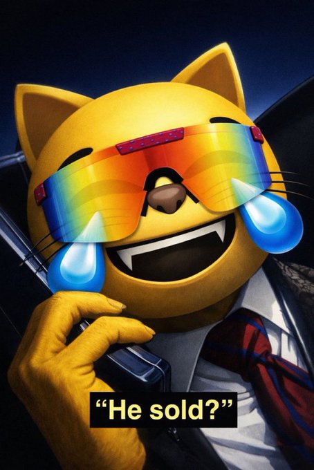 A meme featuring a yellow cartoon cat character wearing rainbow-tinted sunglasses, laughing with blue tears while holding a phone, with the caption "He sold?" at the bottom. The image humorously illustrates the post's reaction to someone selling, using the crying-laughing cat to mock the seller's decision before pumping the $MOG token.