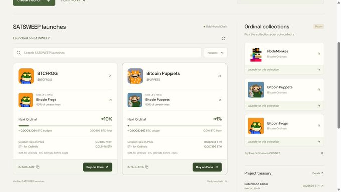 Screenshot of a 'SATSWEEP' crypto launchpad website showing 'BTCFROG' and 'Bitcoin Puppets' inscriptions for sale, with BTC and ETH prices visible.