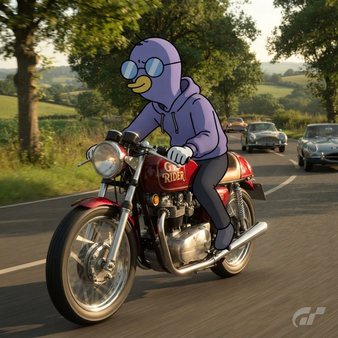 A cartoon purple bird in a hoodie rides a red motorcycle with "GM RIDER" written on the fuel tank down a rural road, symbolizing the post's message of steady, behind-the-scenes effort—building momentum brick by brick before the "spotlight finds you," much like a rider steadily moving forward when no one is watching.