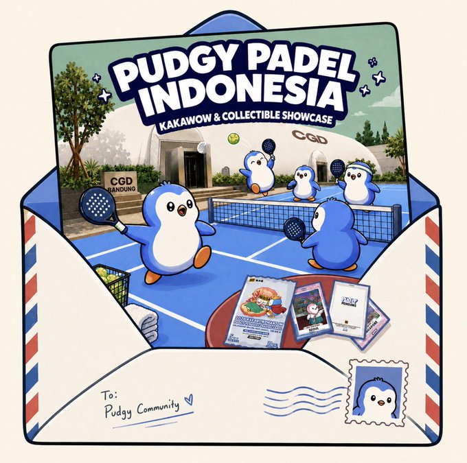 A stylized envelope mailer illustration for 'PUDGY PADEL INDONESIA KAKAWOW & COLLECTIBLE SHOWCASE' featuring cartoon penguins playing padel at the CGD Bandung court, addressed to the Pudgy Community.
