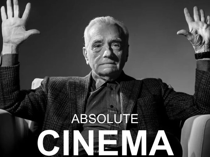 A black-and-white portrait of an elderly man with raised hands sits above bold text reading 'ABSOLUTE CINEMA'.