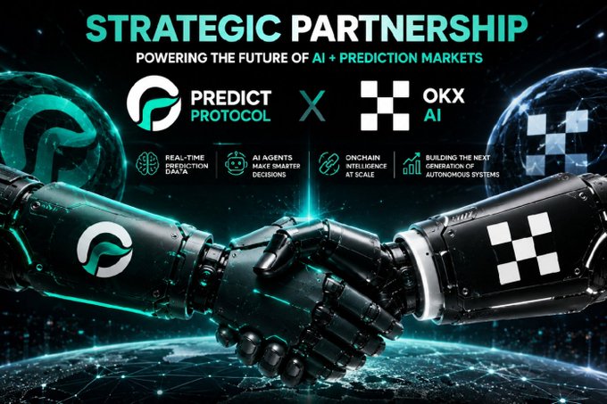 Promotional graphic announcing a strategic partnership between Predict Protocol and OKX AI, powering the future of AI and prediction markets, featuring two robotic hands shaking with Earth in the background.
