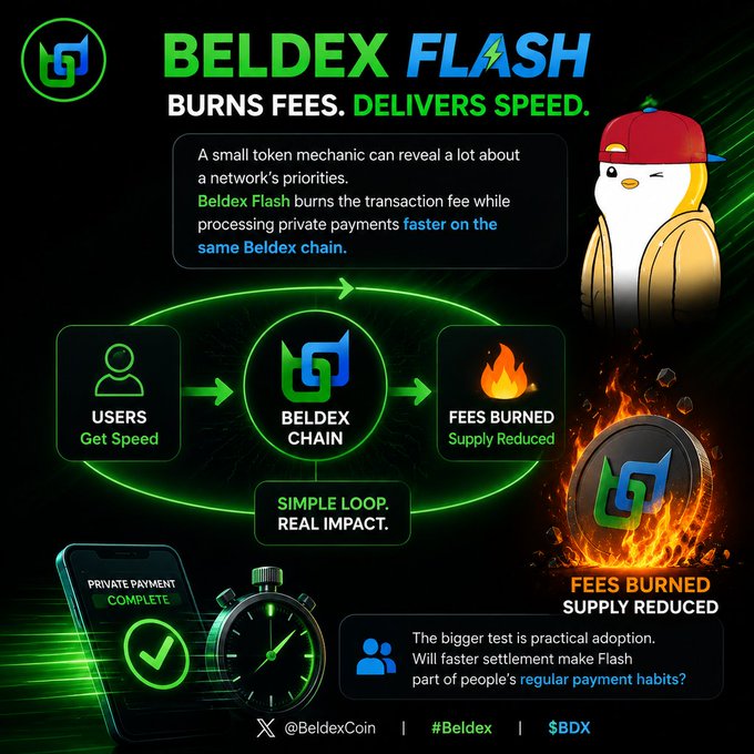A promotional poster for 'BELDEX FLASH' featuring a penguin mascot in a hoodie, explaining a fee-burning mechanism on the Beldex chain with a 'Simple Loop. Real Impact.' flow diagram.