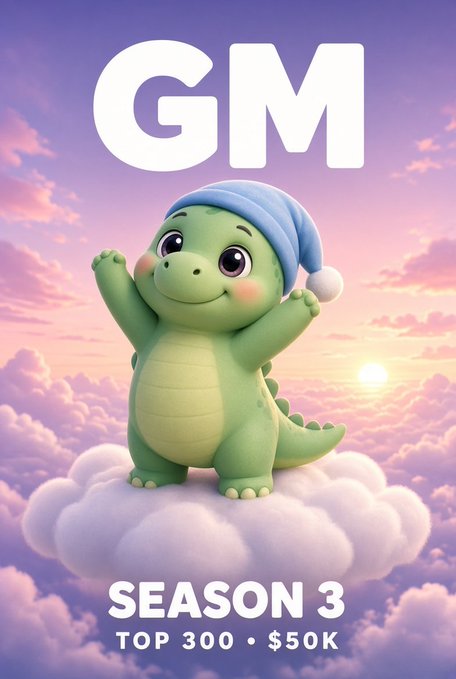 A 3D-rendered cartoon green dinosaur wearing a blue sleeping cap waves cheerfully while standing on a cloud at sunset, with text reading 'GM SEASON 3 TOP 300 • $50K'.