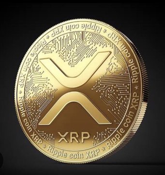 A gold XRP/Ripple coin featuring the stylized "X" logo surrounded by the repeated text "Ripple coin XRP" along its rim, with the post noting that the logo resembles the ichthus, an ancient Christian fish symbol.