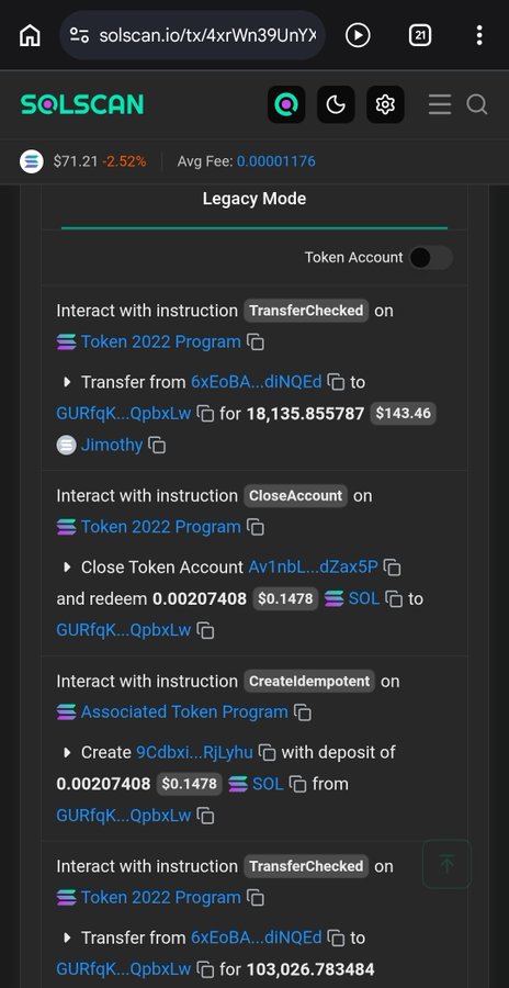 A Solscan transaction page showing a token transfer of 18,135.855787 ($143.46) for the $Jimothy token from address 6xEoBA...diNOEd to GURfqK...QpbxLw, along with related account close and create instructions. The image serves as on-chain evidence supporting the post's warning by revealing that 103,026 tokens were also transferred, contradicting the claim that $Jimothy has "no team tokens, no dev allocations."