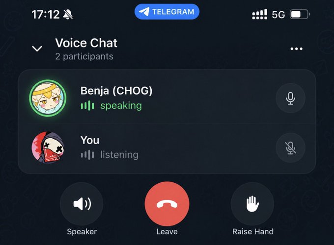 A Telegram Voice Chat screenshot showing 'Benja (CHOG)' speaking while 'You' listens, with Speaker, Leave, and Raise Hand controls visible.