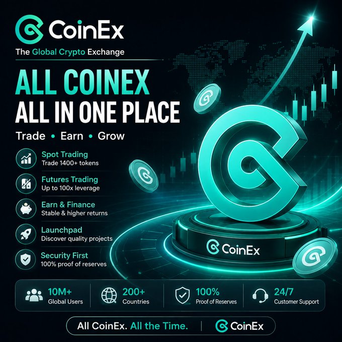 A promotional graphic for "CoinEx - The Global Crypto Exchange" features the text "ALL COINEX ALL IN ONE PLACE - Trade, Earn, Grow," highlighting Spot Trading, Futures Trading, Earn & Finance, Launchpad, and Security First, with stats showing 10M+ users and 200+ countries.