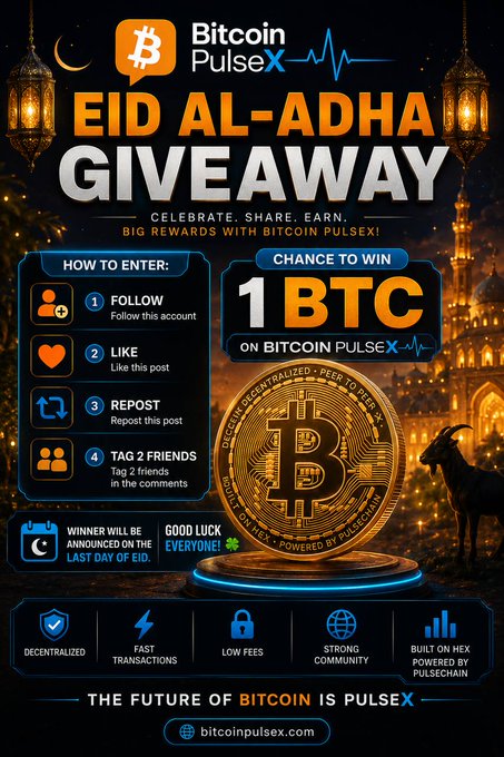 An advertisement for Bitcoin PulseX, promoting an Eid Al-Adha Giveaway, features a gold coin and a mosque with orange lights against a dark blue background.