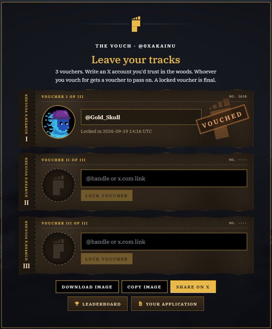 A dark-themed voucher page titled 'Leave your tracks' from @OXAKAINU, showing one vouch already locked by @Gold_Skull and two empty voucher slots to be filled.
