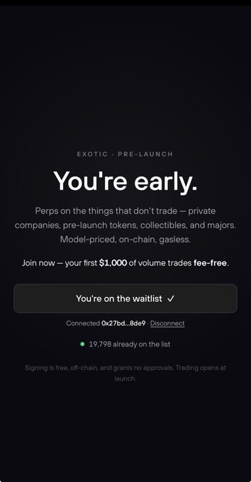 A dark 'You're early' pre-launch landing page for Exotic, describing perps on private companies and pre-launch tokens, showing a wallet connection (0x27bd...8de9) and 19,798 already on the waitlist.