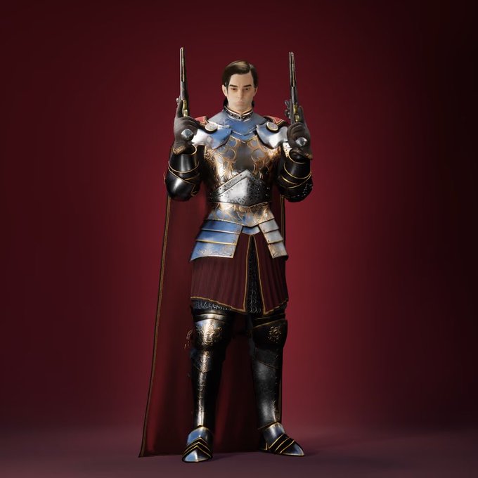 A 3D render depicts a man in ornate silver and gold armor with a dark red cape, standing against a plain maroon background while holding two futuristic pistols.