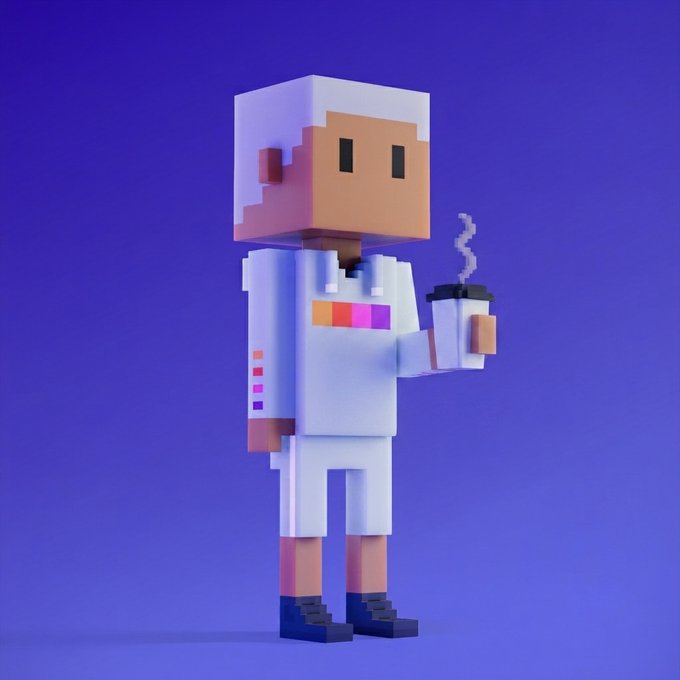 A 3D voxel-style character with white hair and a white hoodie featuring colorful pixel details stands against a purple background, holding a steaming coffee cup.