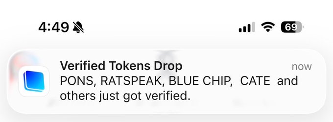 A smartphone notification from 4:49 displays "Verified Tokens Drop" announcing that PONS, RAT Speak, BLUE CHIP, CATE, and others have just been verified on Base App. The image relates to the post as evidence supporting the claim of bribing the app's owner, showing tokens being verified in exchange for the favor.
