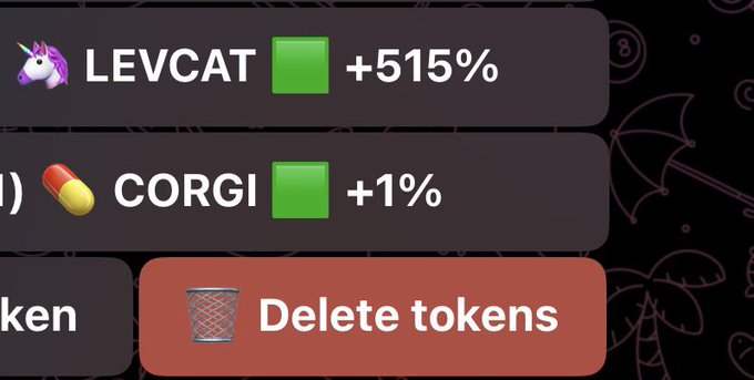 A meme-style image displaying crypto token performance with 'LEVCAT' showing a green box at +515% and 'CORGI' at +1%, alongside a 'Delete tokens' button.