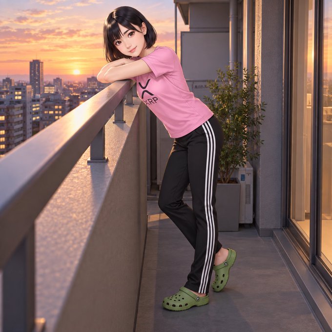 An anime-style illustration of a young woman with short black hair wearing a pink t-shirt, black Adidas track pants, and green Crocs, leaning on a balcony railing at sunset with a city view.