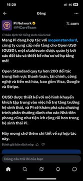 A screenshot of an X.com post from "Pi Network" (@PiCoreTeam) with the post text beginning "Mạng Pi đang hợp tác với @openstandard..." and discussing Open USD (OUSD), highlighting that Pi officially announced a collaboration with Open Standard, matching the accompanying post about the partnership.