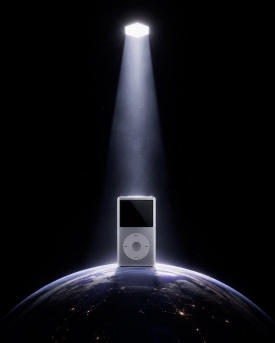 A silver iPod standing on a planet Earth globe while a bright spotlight shines down from a glowing cube in the dark space above.
