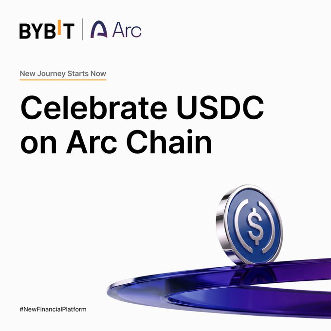A Bybit and Arc promotional graphic reading 'New Journey Starts Now - Celebrate USDC on Arc Chain' with a USDC coin on a purple platform.