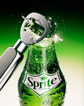 A green Sprite bottle is being opened with a bottle opener, the cap mid-pop with foam splashing around it, matching the post's description of a refreshing carbonated moment rendered by @madebykrisztina on Render Network.
