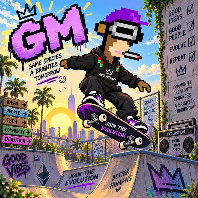 A pixel-art style illustration features a character doing a skateboard trick, surrounded by graffiti text including 'GOOD VIBES', 'SAME SPECIES A BRIGHTER TOMORROW', and 'JOIN THE EVOLUTION'.