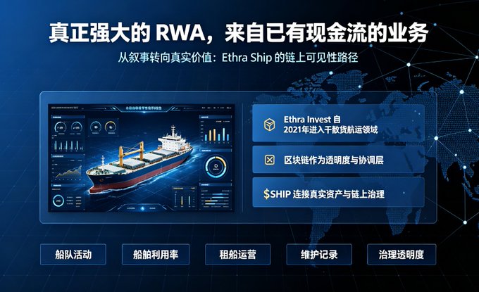 A Chinese-language presentation slide titled '真正强大的RWA, 来自已有现金流的业务' highlights Ethra Ship's RWA strategy, featuring a 3D model of a cargo ship and metrics like '$SHIP'.