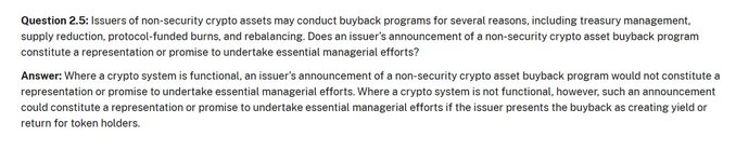 The image shows an SEC FAQ Q2.5 addressing whether buyback programs by non-security crypto asset issuers constitute investment contract representations, stating that on functional networks they do not—unless the issuer presents the buyback as creating yield or return for token holders.

This aligns with the post's point that the SEC clarified buyback announcements on functional crypto networks generally don't trigger securities law concerns, giving token issuers more flexibility to implement buyback programs without them being interpreted as investment contract promises.