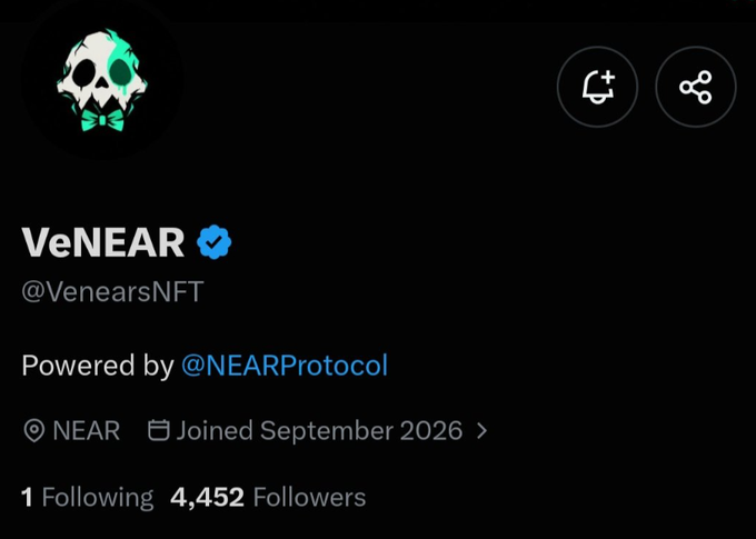 A Twitter/X profile for 'VeNEAR' (@VenearsNFT) powered by @NEARProtocol, featuring a skull avatar and showing 4,452 followers, joined September 2026.