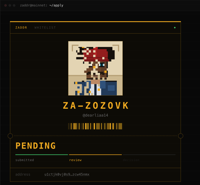 A ZADDR whitelist application screen showing a pending status for the username 'ZA-ZOZOVK' (@dearliaa14) with the address 'u1ctjk0vj0s9..zcw45nmx' and an avatar featuring a mushroom-capped character.