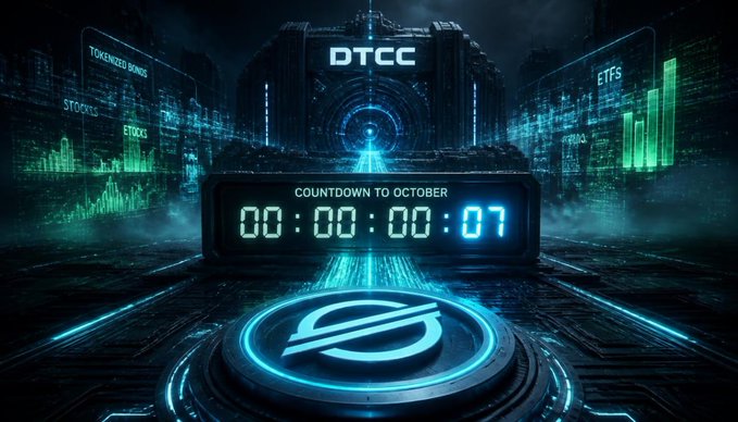 A futuristic digital scene features a countdown timer reading "00:00:00:07" beneath the text "COUNTDOWN TO OCTOBER" and "DTCC," surrounded by holographic charts labeled "STOCKS," "TOKENIZED BANDS," and "ETFs."