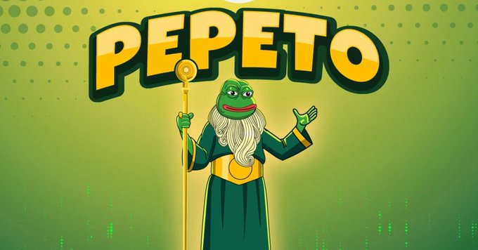 The image features the text "PEPETO" and a wizard-like Pepe the Frog character, likely representing the $PEPETO token mentioned in the accompanying post about staking rewards.