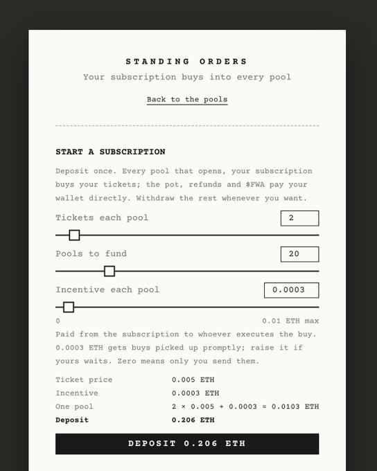 This image shows the "Standing Orders" interface on PULL POOL, allowing users to set up automatic subscriptions for "FWA pulls" with options for tickets per pool, pools to fund, and execution bounties of 0.0003 ETH.