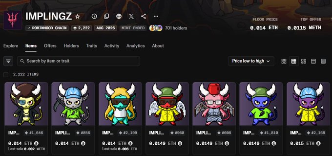 A screenshot of the IMPLINGZ NFT collection on the Robinhood Chain, showing 2,222 items with floor price of 0.014 ETH and top offer of 0.0315 METH, displaying various cartoon character NFTs priced around 0.014-0.815 ETH.