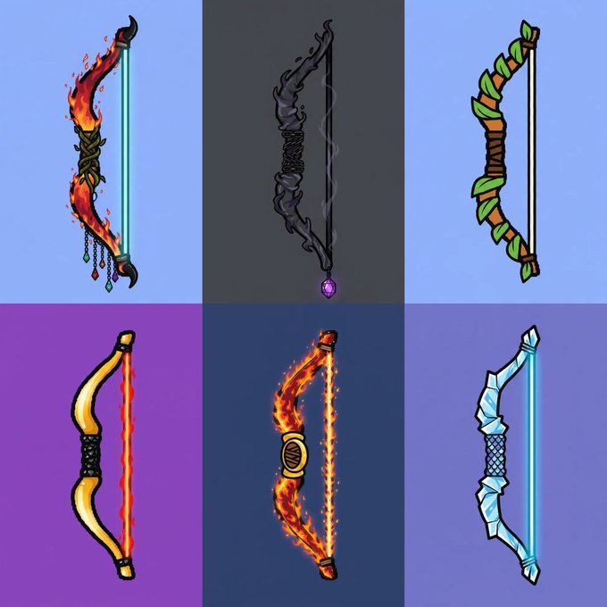 A grid of six fantasy-style bow designs in various themes including fire, smoke, vine-wrapped, golden, flaming, and crystalline.