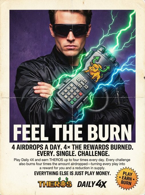 Promotional poster featuring a man in sunglasses holding a remote-like device surrounded by lightning, advertising 'FEEL THE BURN' with text '4 AIRDROPS A DAY. 4x THE REWARDS BURNED. EVERY. SINGLE. CHALLENGE.' and 'THEROS DAILY 4X' branding