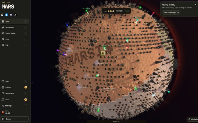The image displays a screenshot of the "PROJECT MARS" game interface, featuring a circular map of Mars covered with numerous plots of land marked by icons, with key text showing "RUST 1311" and "View ready rigs" prominently visible. The accompanying post describes the game's mining on Mars concept with 5,000 land plots and NFTs, which is visually represented by the numerous markers and structure icons scattered across the planet's surface.