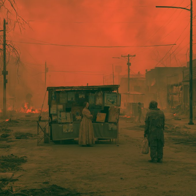 A post-apocalyptic or dystopian scene with a thick red/orange smog filling the sky, where a woman stands at an outdoor art display in a ruined street while another figure walks away carrying a bag.