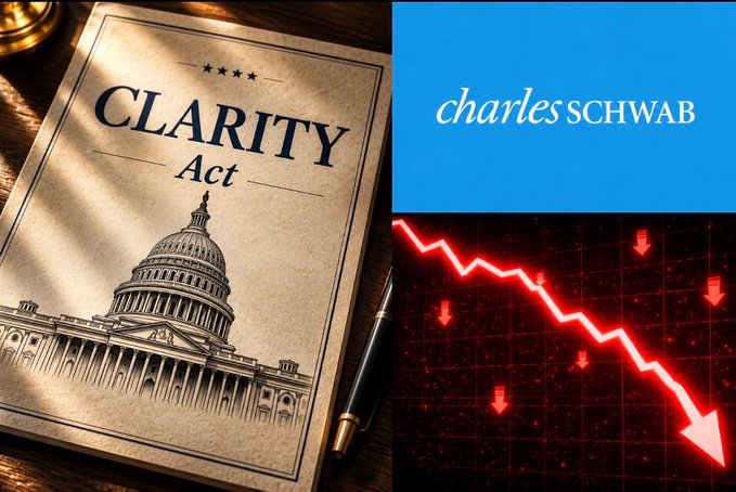 A composite image showing the 'CLARITY Act' document with the US Capitol, the Charles Schwab logo, and a red downward trending chart with arrows indicating a market decline.