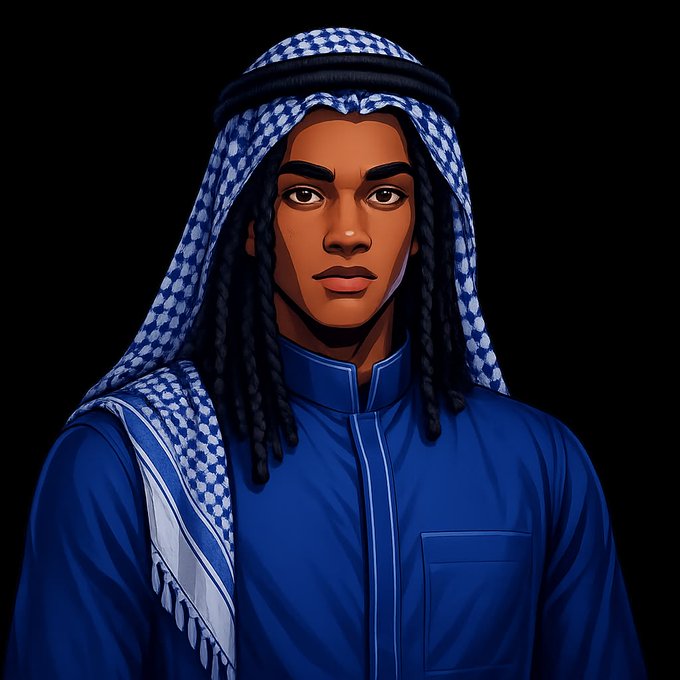 A digital illustration/portrait of a young Black man wearing traditional Middle Eastern attire including a blue thobe and a checkered blue and white keffiyeh against a black background.