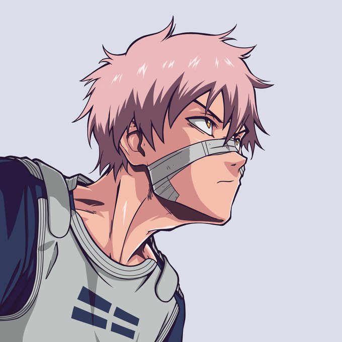 Anime-style illustration of a pink-haired character in profile view, wearing a face covering/mask and white and blue clothing, with an intense expression.