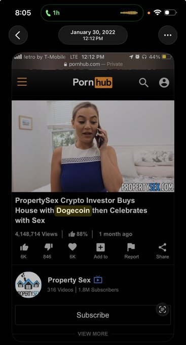 The image shows an iPhone screen displaying a video of a woman talking on her cell phone, with a website or app title displayed at the bottom. The text "There was a dogecoin porn video a few years ago that shit lowkey onboarded me" is present in the image. This suggests that there might be a link to a video or article related to the content of the image on the screen.
