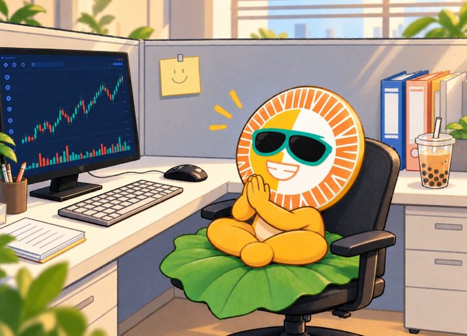 A cartoon illustration of a cheerful anthropomorphic coin wearing sunglasses, sitting cross-legged on a green cushion in an office chair at a desk with a stock chart on the monitor, a keyboard, mouse, bubble tea, and binders.