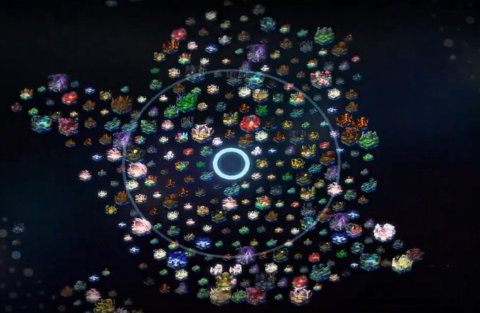 A top-down view of a circular pattern formed by numerous glowing, colorful flowers or coral-like shapes surrounding a bright cyan center.